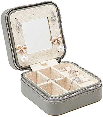 Vlando Travel Jewelry Box Organizer, Soft PU Leather Wooden Mini Mirrored Jewelry Storage Case with Zipper for Bracelets, Earrings, Rings, Necklaces -Best Gifts for Girls Women Ladies (Grey)
