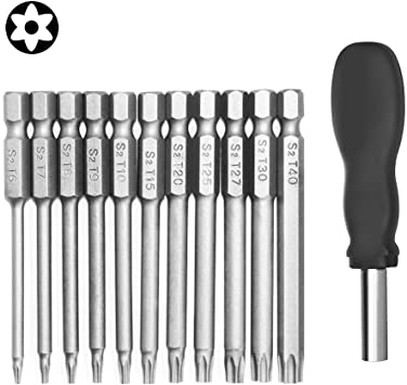 11 Pack Torx Head Screwdriver Bit Set,DanziX 1/4 inch Hex Shank T6-T40 S2 Steel 3 Inch Long Security Tamper Proof Screwdriver Drill Tool Kit with 1 Manual Handle
