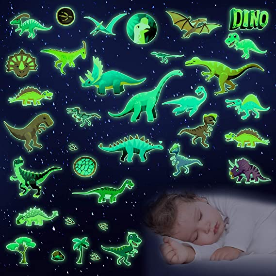 34 Pieces of The Dark Dinosaur Wall Decals Dinosaur Glow Wall Stickers, for Kids Room Bedroom Living Room Classroom Home Decoration Birthday Party (Glow)