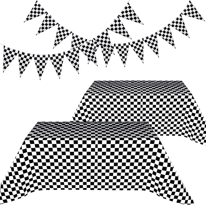 Racing Party Decorations Include 2 Pieces Black and White Checkered Table Cover and 2 Pieces Checkered Black and White Pennant Banner Racing Flags (Checkered Flag)