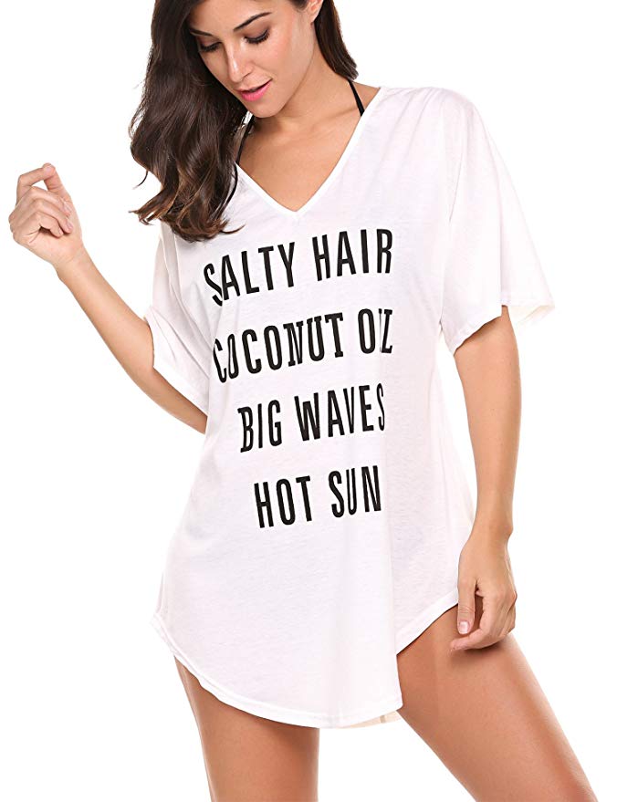 Beyove Cover ups Womens Letters Print Baggy Swimwear Bikini Beach Dress T-Shirt