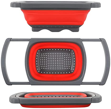【Upgrade】6 Quart Red Kitchen Collapsible Colander with Extendable Sturdy Handles Over The Sink - FBA Free Silicone Space Saving Folding Vegetable Collander Fruit Basket Pasta Strainer