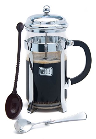 French Press Coffee Brewer, Glass with Stainless Steel Chrome Finish, Double Filtered with Bonus Spoons, 8 Cup Capacity, by Venoly