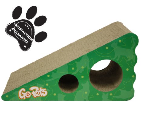 Premium Cat Scratcher by GoPets Wedge Shaped Corrugated Cardboard is Reversible Lasts 2x Longer Includes 1 Pack Catnip Natural Incline More Ergonomic Than Scratching Post Cutouts to Hide Toys