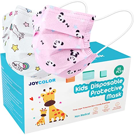 JOYCOLOR Cute kids face mask,Children's 3 Ply Protective Earloop Disposable Filter Masks with Dinosaur & Car Print Patern for Dust Air Pollution (50, Pink Panda and Unicorn)