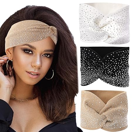 Sparkly Headbands for Women,3 Pcs Crystal Wide Headbands Bling Headbands Fancy Headbands Sparkle Head Scarf Turban Headband Stretchy Hair Bands African Head Wraps Elastic Head Wraps for Black Women