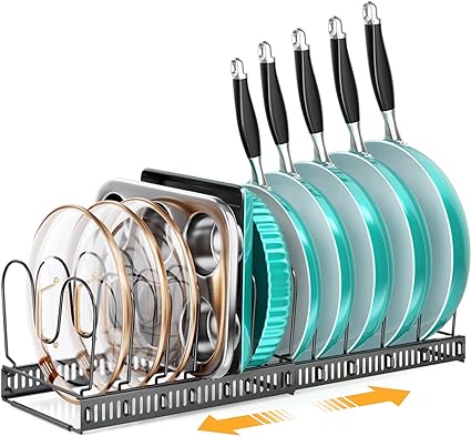 MUDEELA Expandable Pots and Pans Organizer Rack under Cabinet, Pots Lid Organizer Rack for Kitchen Cabinet Organizers and Storage with 12 Adjustable Dividers and Anti-scratch Strip