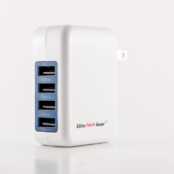 Elite Tech GearTM 4 Port Smart USB Portable Travel Wall Charger With Foldable Plug - POWERFUL, COMPACT, RELIABLE - Fast Charging Digital Accessories Solution For Cell Phone, Touch Screen Tablet (e-Reader or Computer Type) MP3 Player and More - External Battery Charging Adapter. FREE BONUS: Microfiber Drawstring Carrying Case. 100% LIFETIME SATISFACTION GUARANTEE!