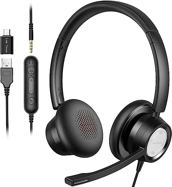 Link Dream USB Headset with Microphone Wired Computer Headset 3.5mm / USB/Type C with Noice Cancelling Mic for Computer, Laptop, PC, Cell Phone, Call Center, Skype, Zoom, Webinar