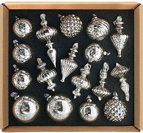 glasburg Mercury Glass Christmas Ornaments Antique Silver Size Medium(17 Ornaments)