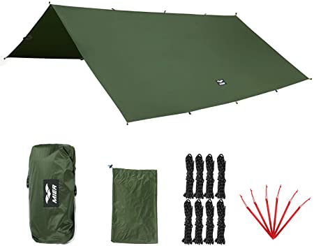 MIER Outdoor Ultralight Waterproof Tent Tarp Windproof Hammock Rain Fly SilNylon Ripstop Backpacking Camping Shelter, 6 Stakes and 8 Ropes Included