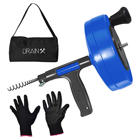 DrainX Power Pro 35-FT Steel Drum Auger Plumbing Snake with Drill Adapter | Heavy Duty Drain Snake Cable with Work Gloves and Storage Bag, Blue