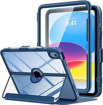 MoKo for iPad 10th Generation Case with Pencil Holder, iPad Case 10th Generation 2022 10.9", Built-in Screen Protector Clear Back, Stain Resistant Multi Angle Viewing Stand, Auto Wake/Sleep, Navy Blue