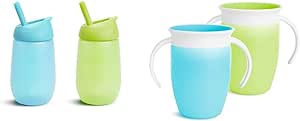 Munchkin® Simple Clean™ Toddler Sippy Cup with Easy Clean Straw, 10 Ounce, 2 Pack, Blue/Green & Miracle® 360 Trainer Sippy Cup with Handles, Spill Proof, 7 Ounce, 2 Pack, Green/Blue