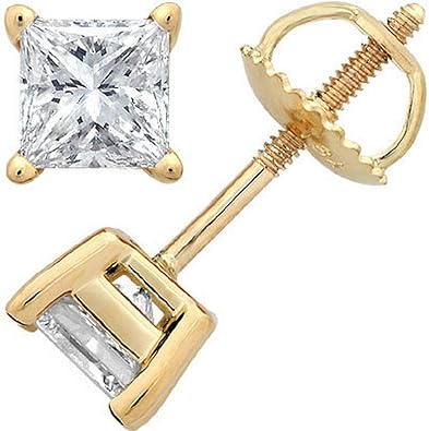 3/4 Carat Solitaire Diamond Stud Earrings Princess Cut 4 Prong Screw Back (J-K Color, SI1-SI2 Clarity)