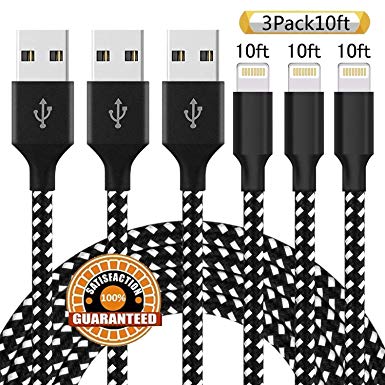 Suanna iPhone Charger, MFi Certified Lightning Cable 3 Pack 10FT Nylon Braided Fast Charging & Syncing Cord Long Charging Cable Compatible iPhone Xs/Max/XR/X/8/8Plus/7Plus/6S/6S Plus/iPad -Black White