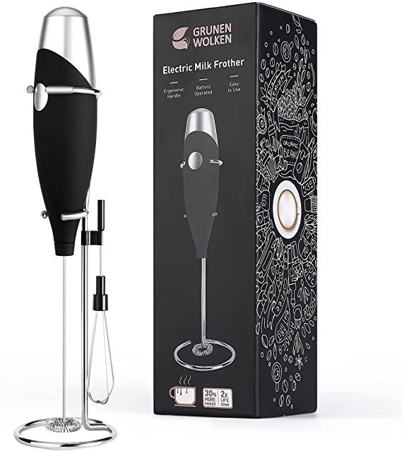GRUNEN WOLKEN Milk Frother Handheld Get Froth in 7 Seconds High Powered Low Noise with Support Stand and Coffee Stencils Electric Milk Coffee drink Mixer Perfect for Coffee Cappuccino Matcha Hot Chocolate (Rubber Black)