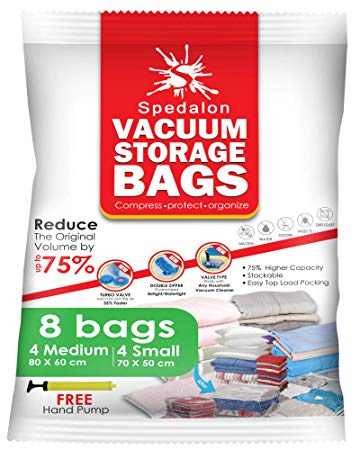 Vacuum Storage Bag - Pack of 8 (4 Medium (80 x 60 cm)   4 Small (70 x 50 cm)) - Perfect Clothes Storage Bags | Reusable Space Savers Free Hand Pump Travel Packing