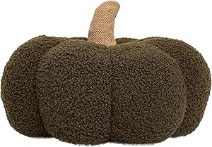 Pearhead Sherpa Pillow, Thanksgiving and Halloween, Modern Fall Home, Soft Fabric and Burlap Stem Plush Pumpkin Decor, 9", Olive Green