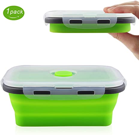 MYKUJA Collapsible Silicone Food Storage Containers Green Silicone Lunch box Containers Dishwasher and Freezer Safe Folding Lunchbox-Small and Large Collapsible Meal Prep Container 500ML Green