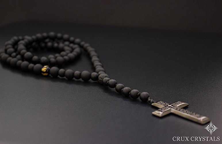Men's Black Onyx Rosary Beaded Necklace features Cross Pendant with the Our Father Prayer, Gemstone Necklace Crux Crystals Prayer Necklace