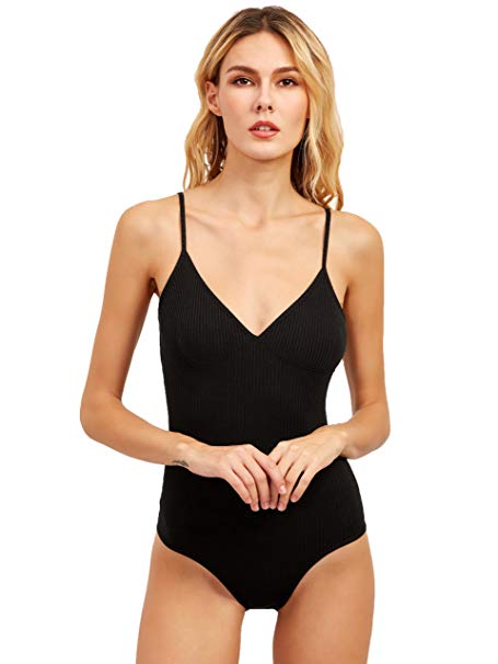 DIDK Women's Plain Spaghetti Strap V Cut Bodysuit