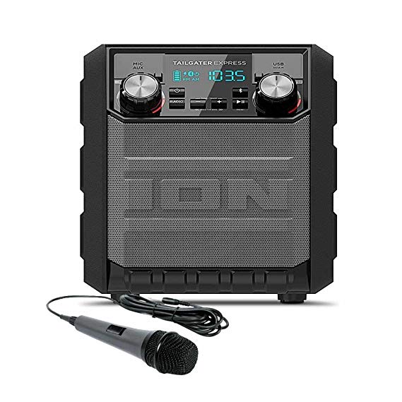 ION Audio Tailgater Express | Compact Water-Resistant Wireless Speaker System with AM/FM Radio & USB Charge Port with Dynamic Microphone with 10 Ft. Cord