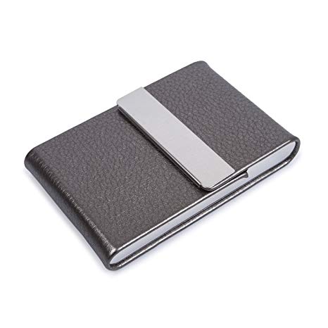 Pettom Minimalist Creative Slim Leather Stainless Steel Business Card Holder Credit Name Card Case Light Money Clip Wallet with Magnetic Shut (grey)