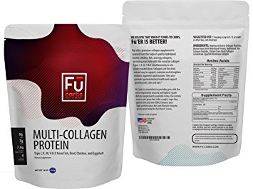 Multi Collagen Peptides Protein Powder - Fū Carbs blend of Wild Caught Fish, Grass-Fed Beef and Free Range Chicken Eggshell collagen provides the ideal mix of collagen types I, II, III, V, X. 16 oz