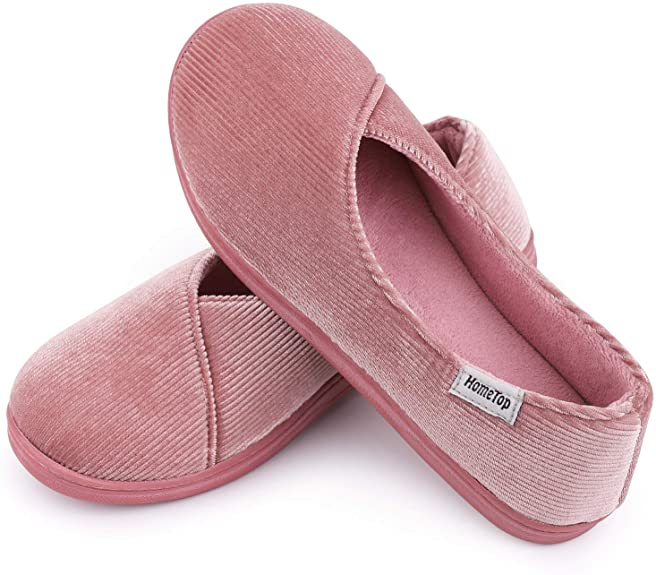 HomeTop Women's Cozy Corduroy Memory Foam Loafer Slippers with Coral Velvet Lining