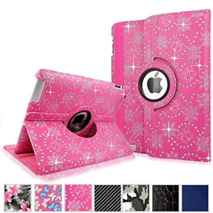 Cellularvilla Apple iPad Air Case - 360 Degree Rotating Pink Glitter Pu Leather Flip Folio Multi-Angle Stand Smart Case Cover with Auto Sleep / Wake Feature for iPad Air(2014 release)