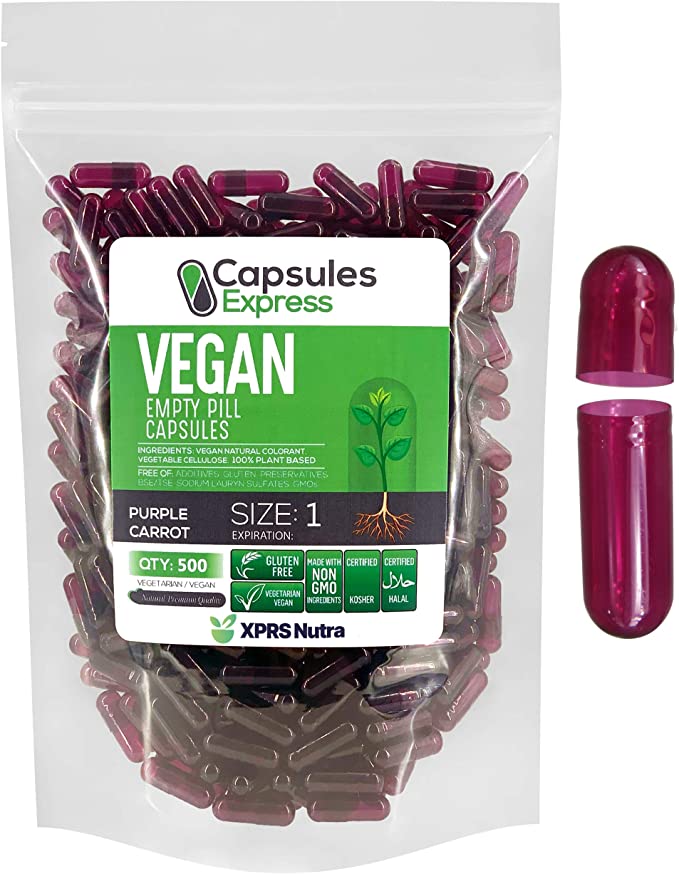 Capsules Express- Size 1 Purple Carrot Empty Vegan Capsules - Vegetarian/Vegetable Pill Capsule - DIY Powder Filling (500)