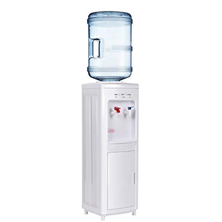 COSTWAY Top Loading Water Cooler Dispenser for 3-5 Gallon Bottle, Hot & Cold Water Cooler Dispenser with Storage Cabinet, Child Safety Lock, Freestanding Water Cooler Dispenser with Compression Refrigeration Technology, White