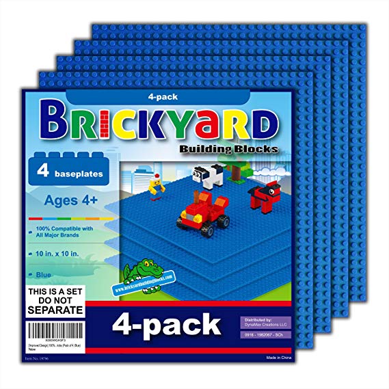 Brickyard Building Blocks [Improved Design] 4 Blue Baseplates, 10 x 10 Large Thick Base Plates for Building Bricks, for Activity Table or Displaying Compatible Construction Toys (4-Pack, Blue)