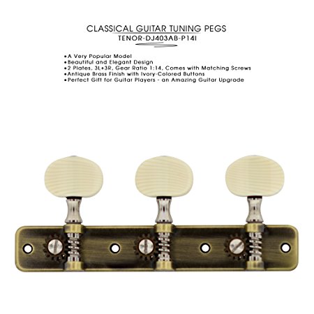 DJ403AB-P14I TENOR Classical Guitar Tuners, Tuning Key Pegs/Machine Heads for Classical or Flamenco Guitar with Antique Brass Finish and Ivory Colored Buttons.
