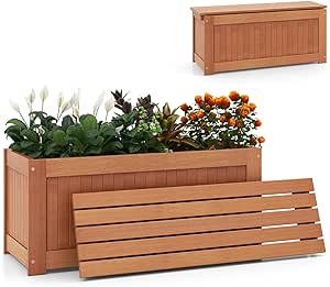 Giantex 2-in-1 Outdoor Bench, Wood Raised Garden Bed with Open Base, Teak Oil Finish, Rectangular Deep Planter Boxes for Flowers Fruit Vegetable, Bench Seat for Porch Yard Balcony Lawn