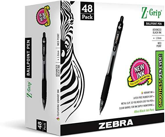 Zebra Pen Z-Grip Retractable Ballpoint Pen, Medium Point, 1.0mm, Black Ink, - 48 Pieces