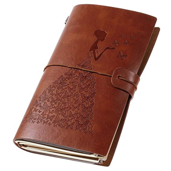 Leather Journal, Vintage Refillable Travelers Notebook with Line Paper  1 PVC Zipper Pocket  18 Card Holder for Women 4.7 X 7.9in (Brown)