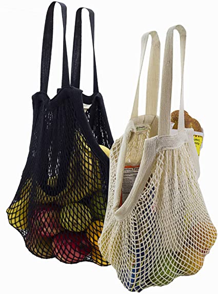 Simple Ecology Organic Cotton Reusable Market, Beach, Grocery Shopping String Bag - Natural & Black Set of 2 (heavy duty, durable hand & shoulder handles, large stretchable tote, foldable, washable)