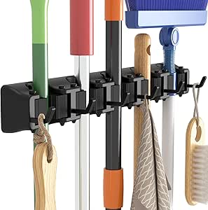 Lifewit Broom Mop Holder Wall Mounted，Heavy Duty Broom Storage with 5 Slot 6 Hooks, Utility Room Storage Solutions for Broom Cupboard Kitchen Bathroom Garage and Garden Tool Organiser, 1 Pack, Black