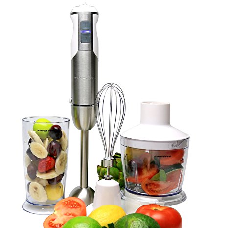 Ovente HS665W 6-Speed 500 Watt Immersion Hand Blender with Food Chopper, Beaker and Whisk Attachment, White