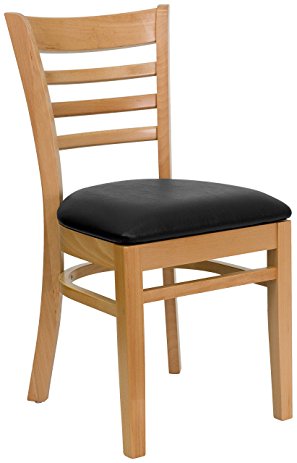 2 Pk. HERCULES Series Ladder Back Natural Wood Restaurant Chair - Black Vinyl Seat