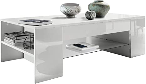 Vladon Coffee Table Side Table Clip in White with Offsets in White High Gloss