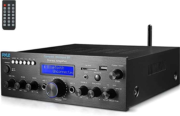 Pyle Compact Bluetooth Stereo Amplifier - 200 Watt Desktop Audio Power Amp Receiver with FM Radio, MP3/USB/SD Readers, Digital LCD Display, Microphone Input - PDA612BU.5