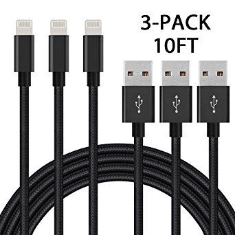 iPhone Cable, 3-Pack 10ft / 3M iPhone Charger Nylon Braided Lightning Cable for iPhone 7,iPhone 7 Plus,iPhone 6/6s,iPhone 6/6 Plus,iPhone 5/5s,iOS Devices
