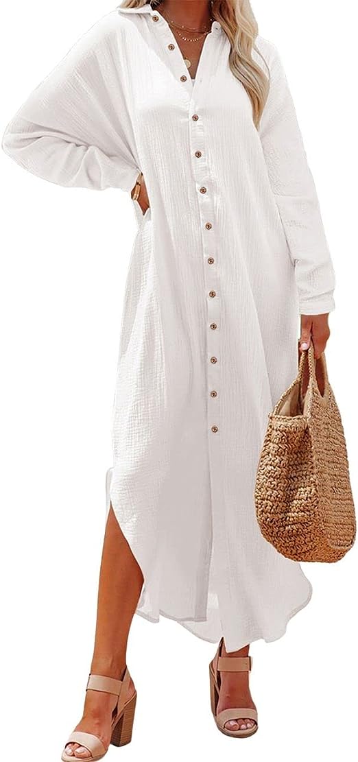 Bsubseach Women Button Down Swimsuit Cover Ups Long Beach Shirt Dress Casual Kimono Cardigan