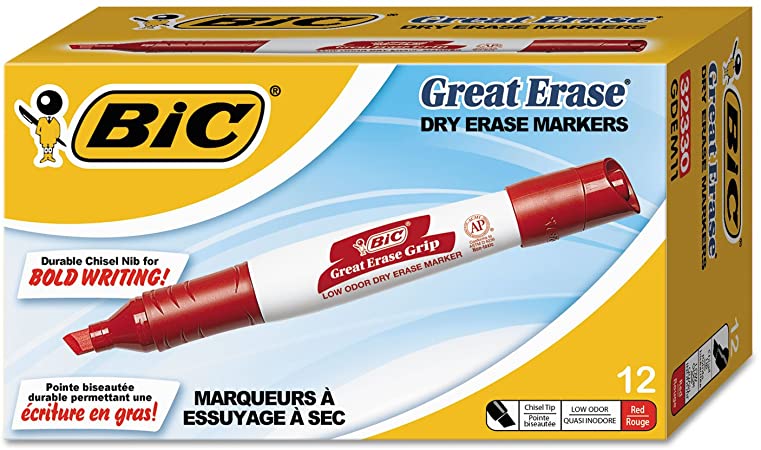 Bic Great Erase Grip Dry Erase Marker, Chisel Tip, Red Ink, Dozen