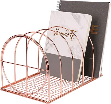 Simmer Stone File Sorter Organizer, 5 Section Magazine Holder Rack, Desktop Round Wire Book Stand for Mail, Paper, Document, Folder, Record and Desk Accessories, Rose Gold
