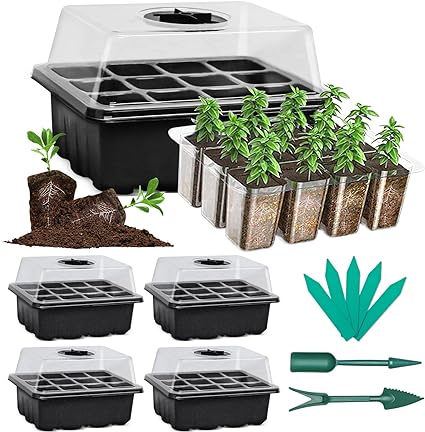 SHEEFLY 5 Set Seed Trays Seedling Starter Tray 60 Cells Humidity Adjustable Plant Starting Kit with Dome and Base Greenhouse Grow Trays Mini Propagator for Garden Seeds Growing with hand Tools Labels
