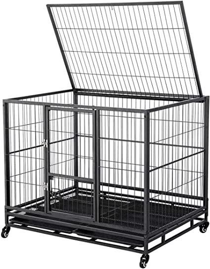 Yaheetech 43-inch Heavy Duty Metal Dog Cage Crate Collapsible Pet Kennel w/Double Doors & Locks/Lockable Wheels/Double Tray Indoor Outdoor Black